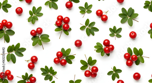 Vibrant Red Berries and Green Leaves Flat Lay Pattern on Crisp White Background.