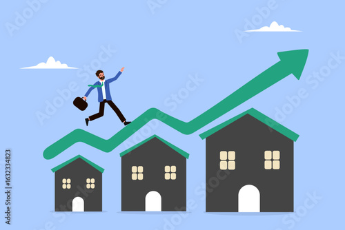 Businessman walks a rising green housing price graph on a rooftop. Real estate growth and property value surge concept.