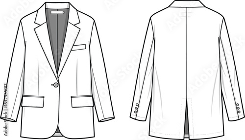Tailored women's blazer CAD sketch, single-button front with notched lapel, vented back hem and structured silhouette, front and back view