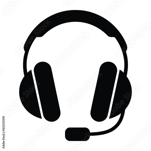 Black silhouette of a modern headset with a microphone for communication and audio listening