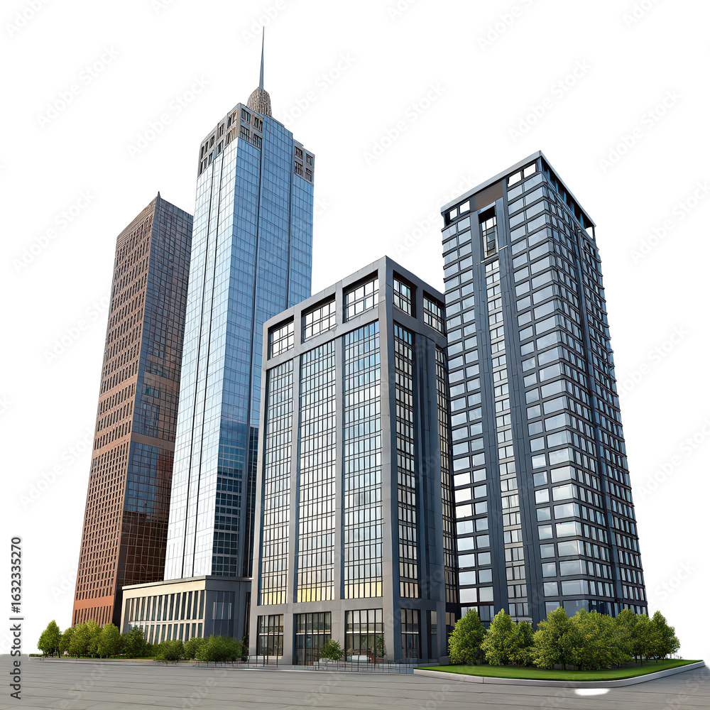 Obraz premium Set of Tall Office Buildings Realistic Image Isolated PNG Skyscrapers Architecture Collection Transparent Background Image Urban Skyline High-Rise Structures Modern Cityscape Rendering