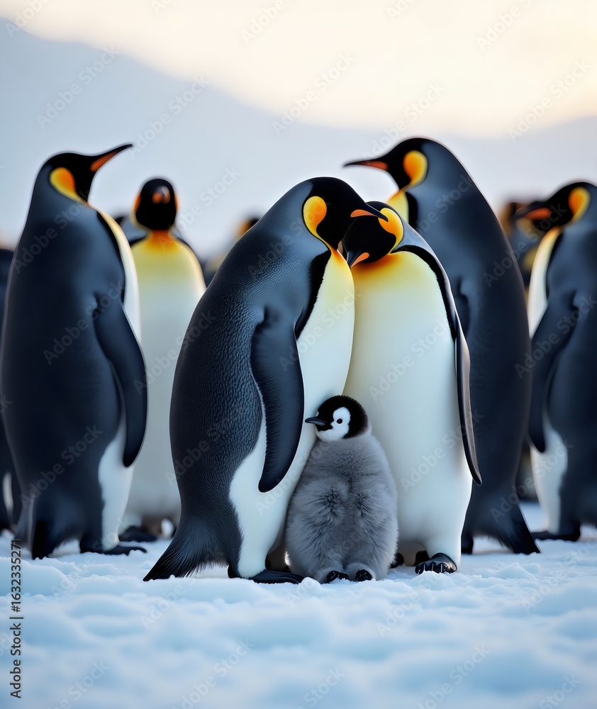 Obraz premium Emperor Penguin Family with Chick Huddling Together in Antarctic Snow