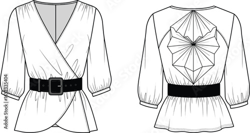 Girls' fashion blouse CAD drawing with wide belt and pleated back design, wrap-style front, puff sleeves, vector garment sketch