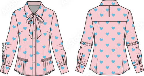 Girls' long-sleeve blouse CAD with bow tie collar, blue heart pattern, pleated cuffs, button front, decorative pockets vector sketch