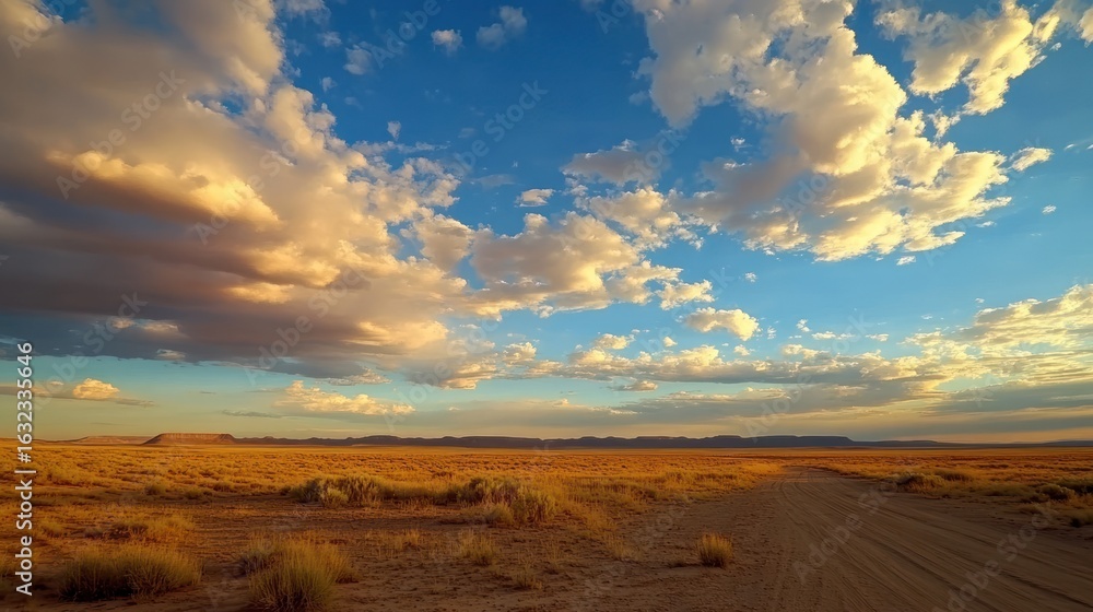 Fototapeta premium Expansive grassland scenery beneath a stunning cloudscape during golden hour