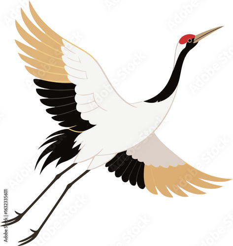 A magnificent Japanese red-crowned crane in flight with its wings spread, an elegant and powerful symbol of longevity, good fortune, and grace.