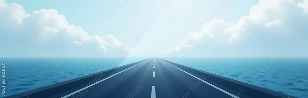 Fototapeta premium misty highway stretches clouds disappearing deep blue ocean horizon sea meets sky soft focus narrow