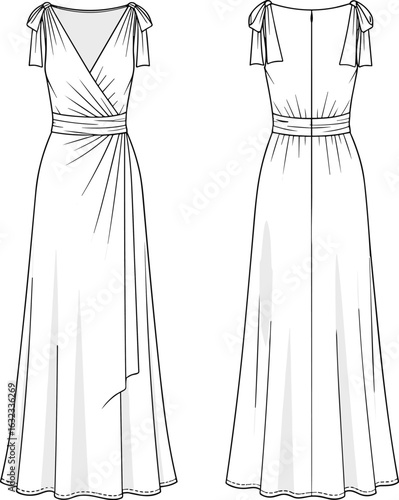Wrap-style V-neck dress CAD sketch with pleated bodice, shoulder tie sleeves, asymmetrical hemline, elegant fashion garment vector drawing