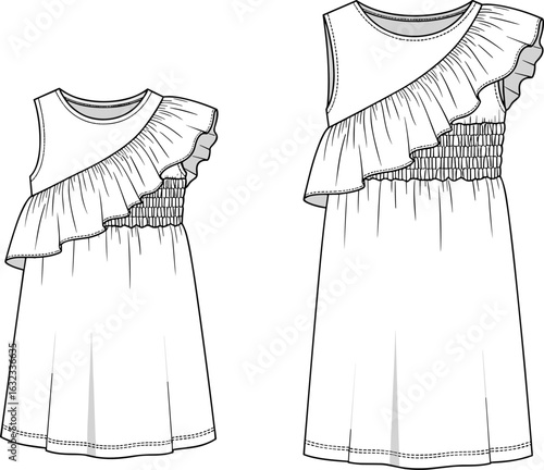 Sleeveless ruffle dress flat sketch, asymmetrical frill, smocked waist, round neckline, flowy silhouette, vector CAD drawing, front and back view