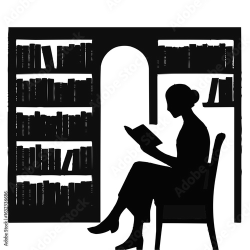 Elegant silhouette of woman reading book in library or home study room
