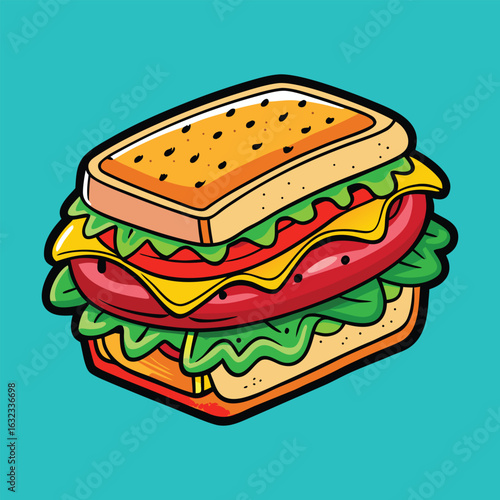 Fresh, fast-food sandwiches and burgers with melted cheese, lettuce, and tomato on a white background