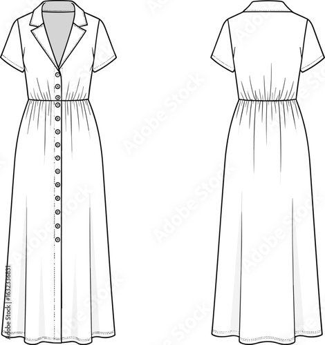 Short sleeve collared button-front dress CAD sketch with cinched waist, flowy skirt, front back views, technical fashion illustration