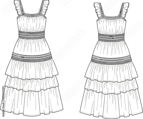 Tiered ruffle strap dress CAD sketch with fitted bodice, cinched waist detail, layered hemline, front back view fashion illustration
