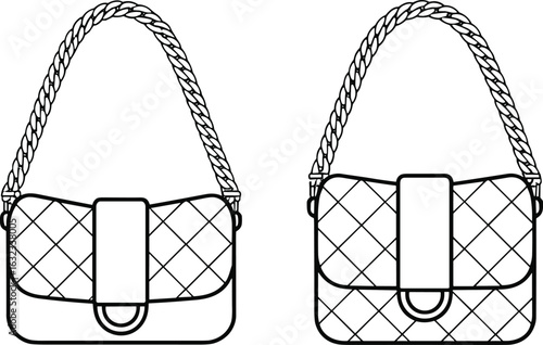 Elegant quilted handbags, vector illustration, fashion accessories, stylish design, detailed drawing, perfect for designers, Adobe Stock, cad drawing flat vector illustration