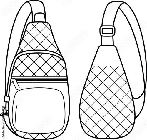 Sling backpack design, quilted pattern, front and back view, vector illustration, fashion accessory, detailed CAD drawing, Adobe Stock