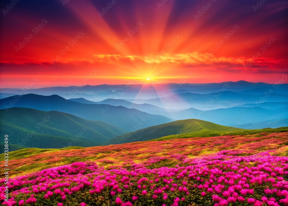Obraz premium Radiant Sunrise Over Rolling Mountains Covered in Pink Wildflowers sunset landscape