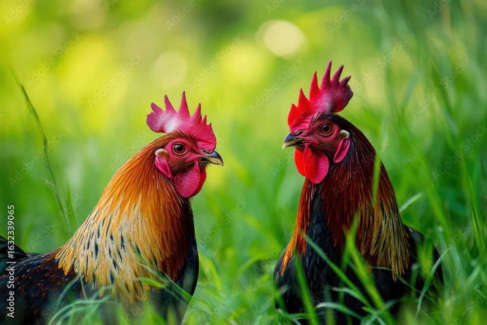 Fototapeta premium Roosters in Sunny Grassy Meadow