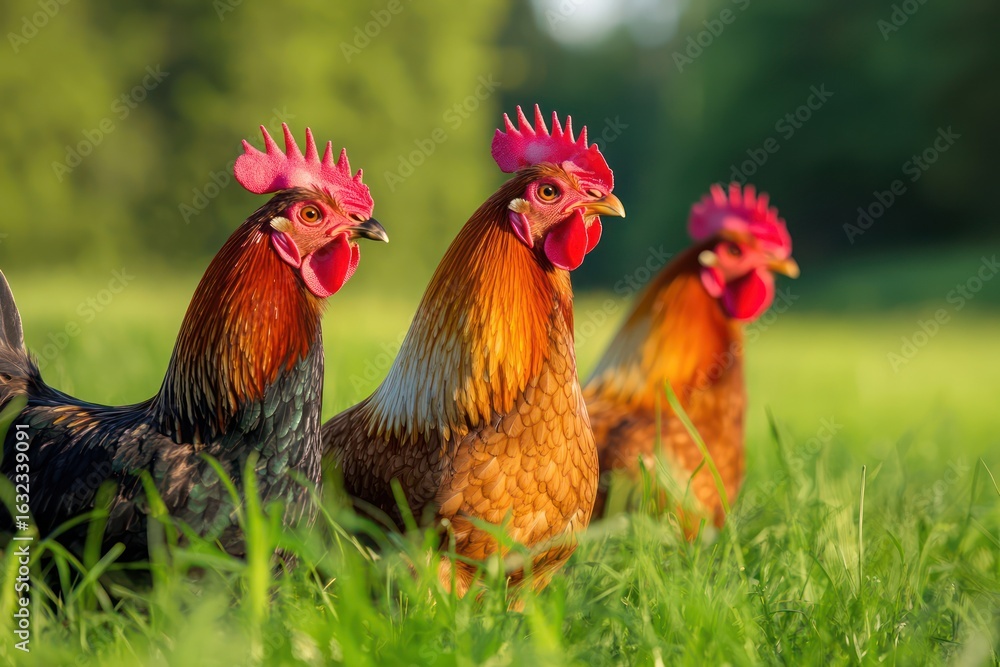 Fototapeta premium Roosters in Sunny Grassy Meadow