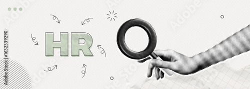 Trendy Halftone Collage Hand with magnifying glass and HR text. Resources management. Employer hiring candidates. Contemporary vector illustration art