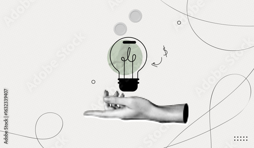 Trendy Halftone Collage Hand with Lightbulb and Coins. Smart investment. Money inside light bulb. Idea and innovation. Gain profit. Contemporary vector illustration art