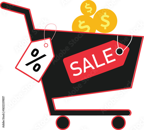 Shopping Cart Filled With Gold Coins and Sale Tags Representing Discounts and Promotions