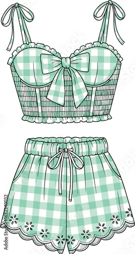 Gingham two-piece outfit vector, bow strap crop top and scalloped embroidered shorts, front and back CAD fashion sketch