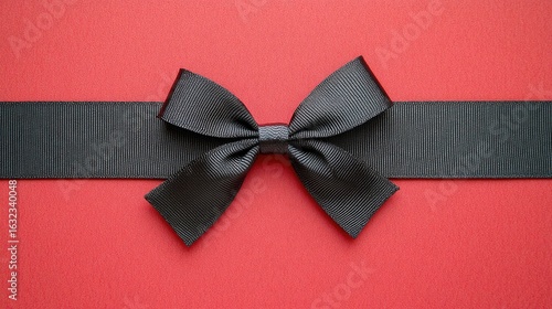 Elegant Black Grosgrain Bow Creating a Bold Contrast on a Textured Red Gift Box
