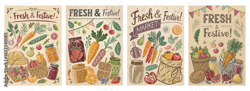 Set of four posters featuring fresh produce and market goods with a rustic festive theme