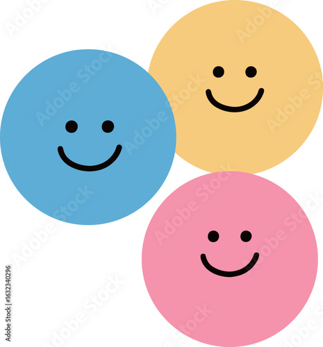 Billede på lærred A trio of simple, smiling circles in blue, pink, and yellow, representing a happy and friendly group or community in a minimalistic style