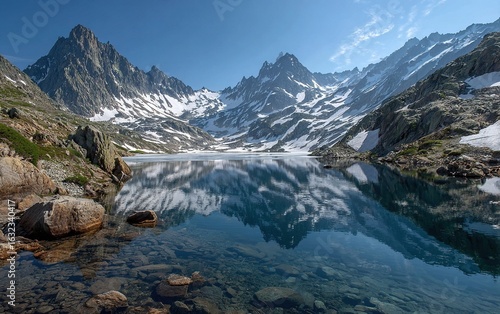 Alpine lake mirror reflection of rugged snow peaks with 50% water surface. Classic nature poster composition.