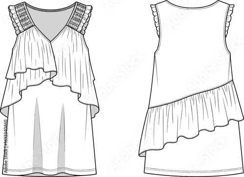 Sleeveless layered top fashion CAD, asymmetrical draped design with gathered shoulder detail, front and back view technical sketch vector