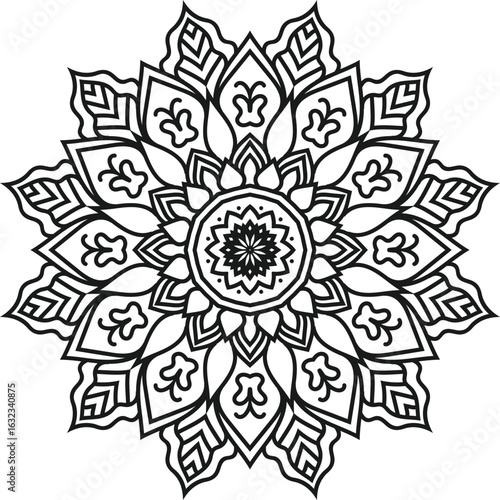 Detailed Geometric Mandala Illustration for Coloring Books and Artistic Projects Intricate Design with Floral and Leaf Motifs