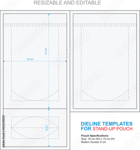 Dieline templates for standup pouches with specifications for packaging design and manufacturing showcasing customizable and resizable layout