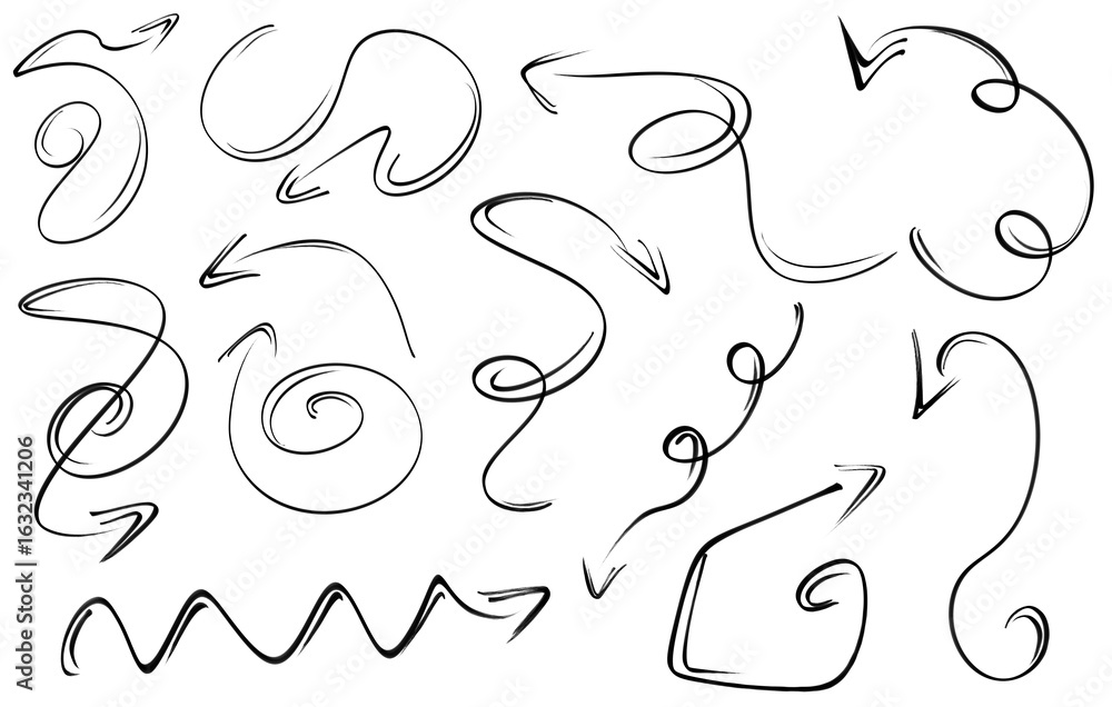 Obraz premium Hand-drawn decorative arrows - curved and swirly sketch style