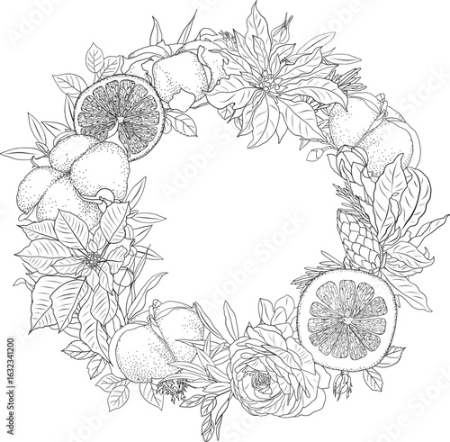 Christmas wreath with poinsettia, pine cones, citrus slices, greenery branches and cotton flowers