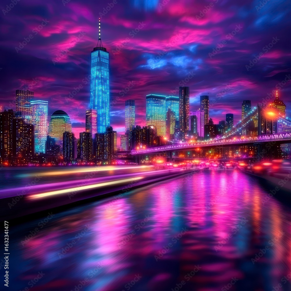 Obraz premium Night Cityscape Pink and Blue Hues Reflecting on Water