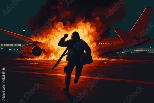 A person runs from a burning airplane on the runway, engulfed in flames and chaos.

