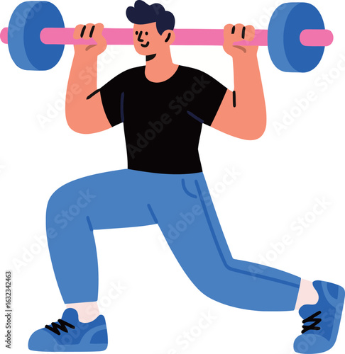 A determined man lifting a barbell in a squat position, showcasing a dedicated workout routine in a modern flat illustration style.