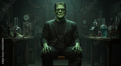 Frankensteins monster sits in lab with green skin and tools surrounding