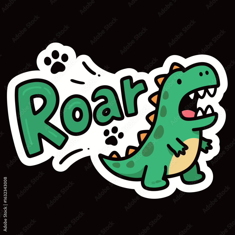 Obraz premium Roar Text with a Cute Green Dinosaur and Paw Prints, Playful and Fun Cartoon Graphic for Kids, Prehistoric Animal Illustration
