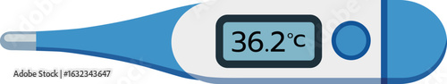 Digital thermometer, blue and white, displaying 36.2?C, medical device for measuring body temperature, healthcare, clean, simple design