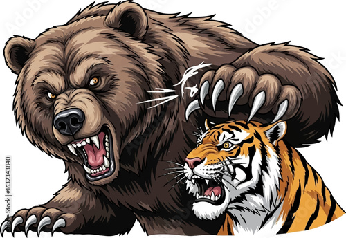 Ferocious Battle Between Bear and Tiger - Vector Illustration