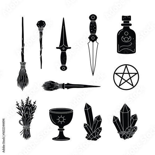 Witchcraft essentials illustrated in a minimal black silhouette style. A symbolic set of pagan and Wiccan ritual magic tools and icons.