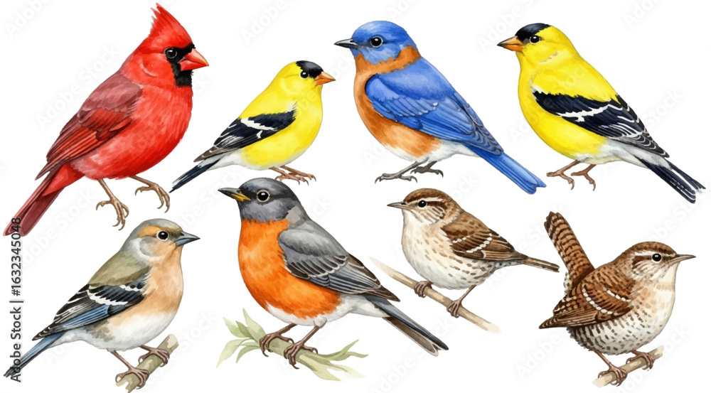 Fototapeta premium Colorful Songbirds Collection on White Background