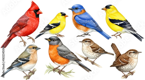Colorful Songbirds Collection on White Background