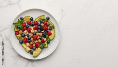 Wallpaper Mural Top view of heart-healthy foods like avocado, berries, and nuts styled in heart shape on ceramic plate, white marble background, bright natural light, mockup-ready for wellness campaigns. Torontodigital.ca
