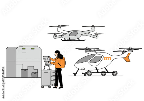 A woman oversees drone deliveries from a warehouse, showcasing future logistics. Modern, clean illustration with a focus on technology and delivery services.