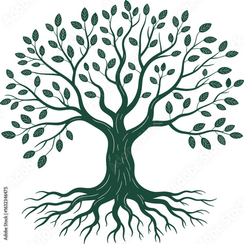 Elegant tree illustration with branches, roots, leaves, botanical design, nature concept, flat vector style, perfect for eco, organic, educational themes