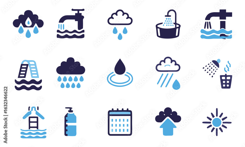 Fototapeta premium Clean Water and Tap Icons Water Drop, Rain, Filtration, and Conservation Vector Set