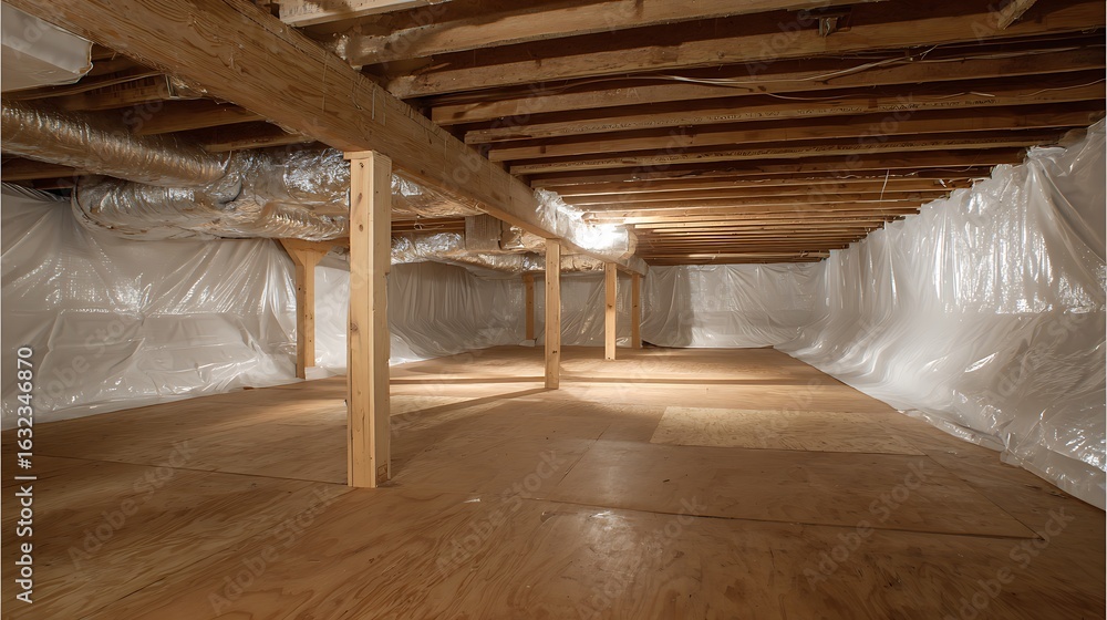 Fototapeta premium Wooden Support Beams and Plastic Sheeting in Crawl Space